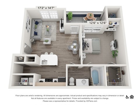 Floor plan for 1 bed, 1 bath, 684 sqft